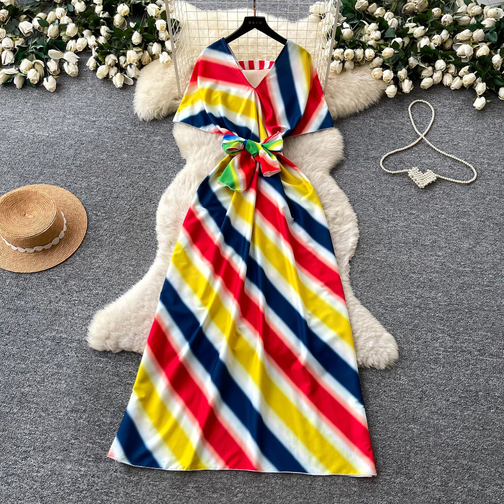 Vacation style v neckcolorfulstripesstylishdress women's summer waist slimming lookelegant long skirt work clothing outfit