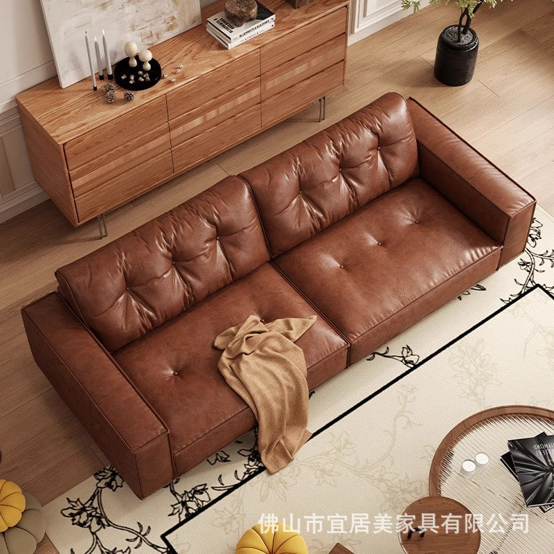 Italian normcore oil wax leather sofa medieval style small apartment living room sofa accessible luxury three or four-person row sofa