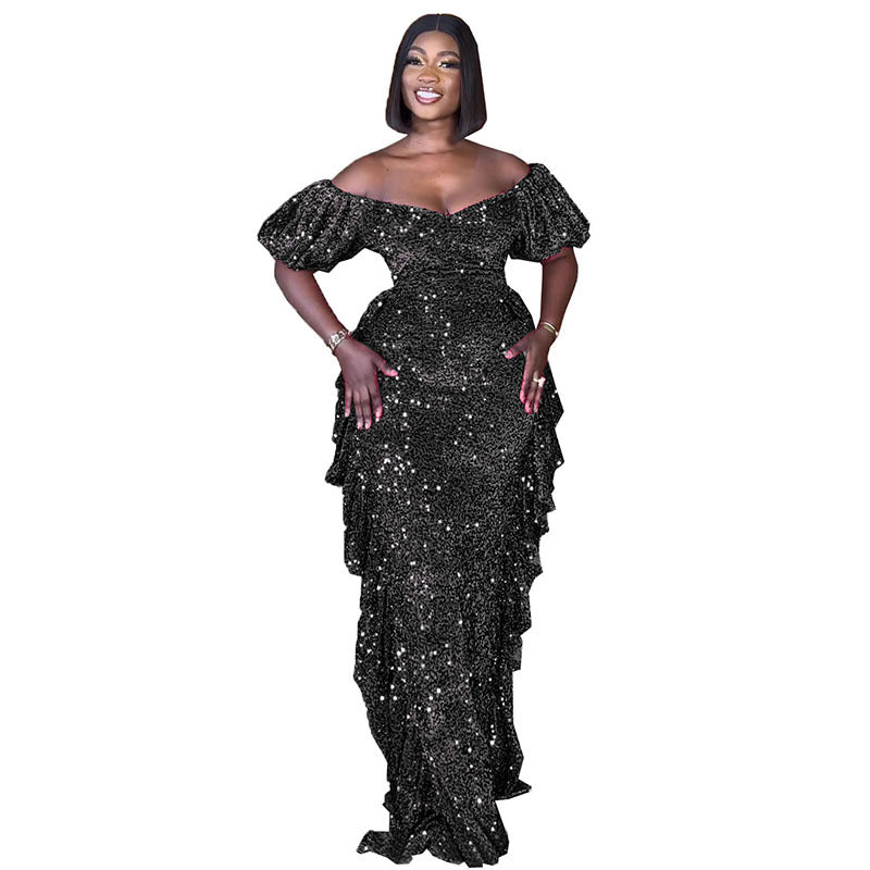 supply silm waist one shoulder off-shoulder elegancesequin long skirt european and american african fashion women's clothing