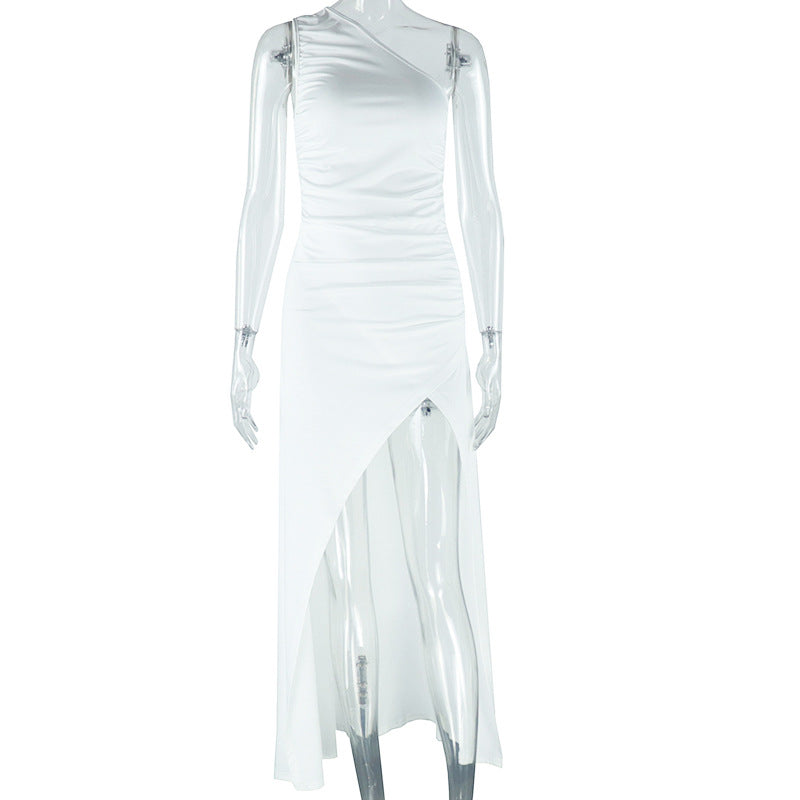 European and american style ins foreign trade women's fashion solid color dress - asymmetrical neck, one-shoulder sleeveless slit maxi dress