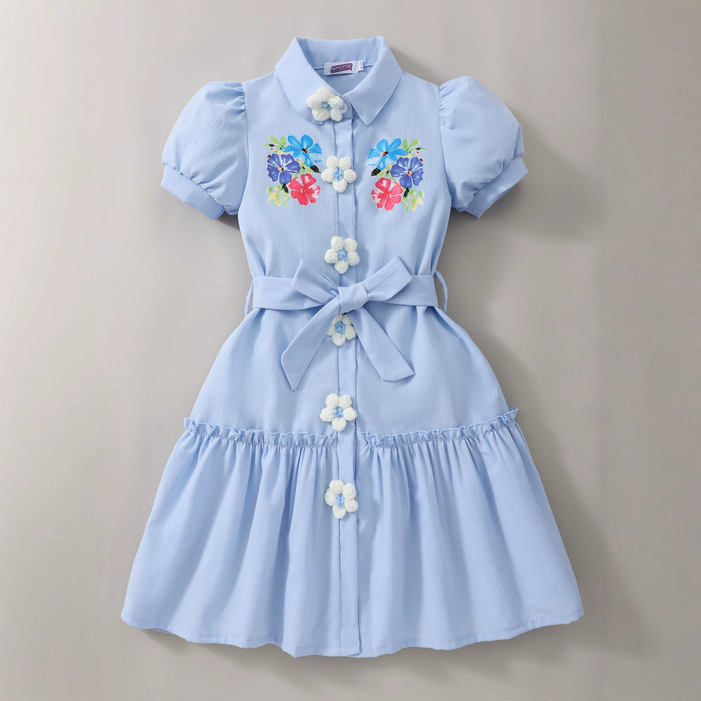 Girls' dress for toddlers and big kids, butterfly knot waist, floral button short sleeve dress