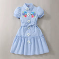 Girls' dress for toddlers and big kids, butterfly knot waist, floral button short sleeve dress