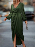 women's new slit dress - spring/summer lantern sleeve irregular long sleeve satin maxi dress