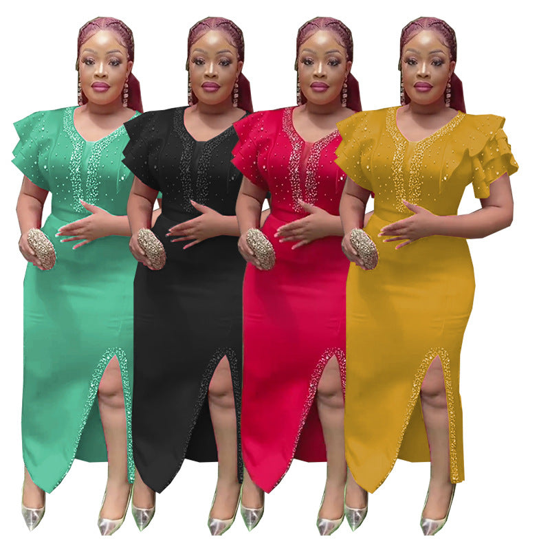 Special offer: african women's plus size slim-fit stretch maxi dress with beaded ruffle shoulder – trendy export style