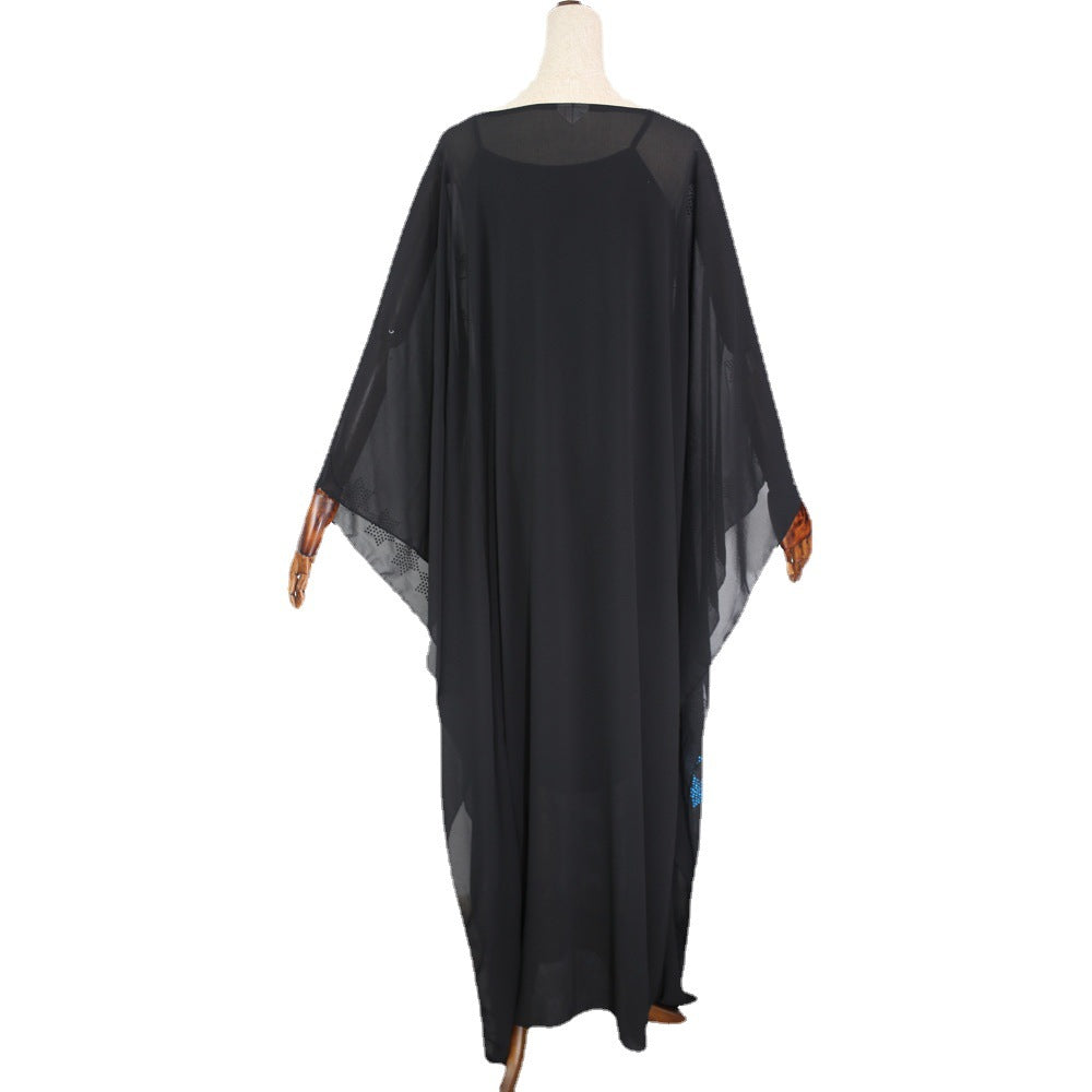 african plus size women's round neck dress heavy industry hot diamond bat sleeve loose long robe