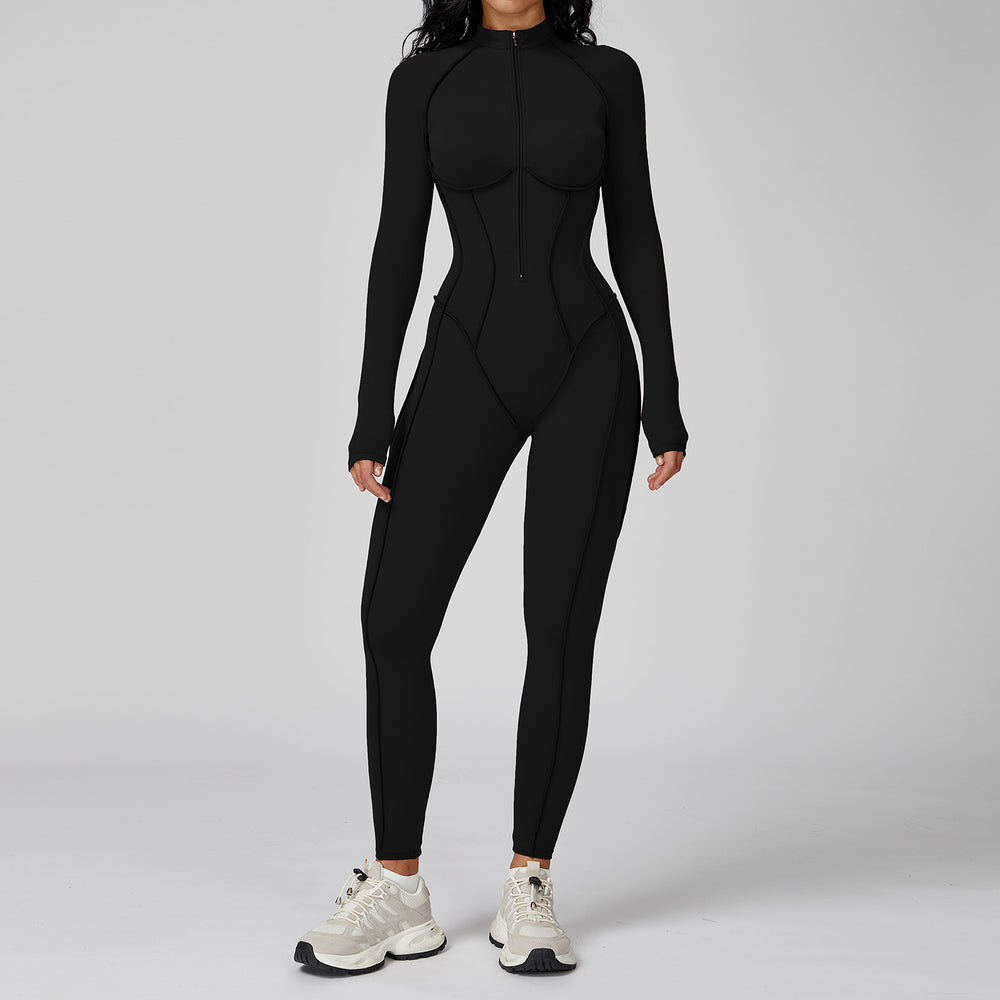 color block stand collar jumpsuit half-zip one-piece activewear women's high-intensity workout yoga suit 9326