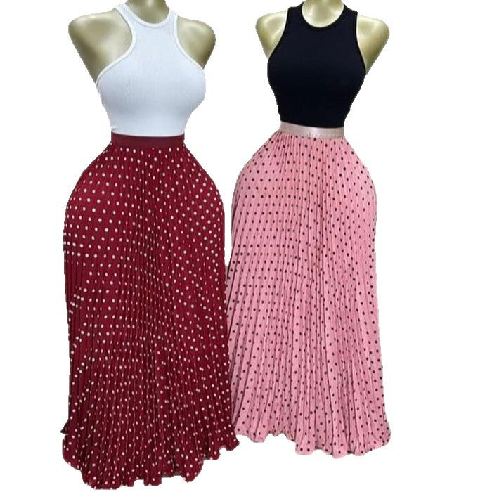 K-style polka dot pleated elegance skirt women's high waistslimming looka-line long skirtwork clothingeasiest for matchpatchworkelegant skirt