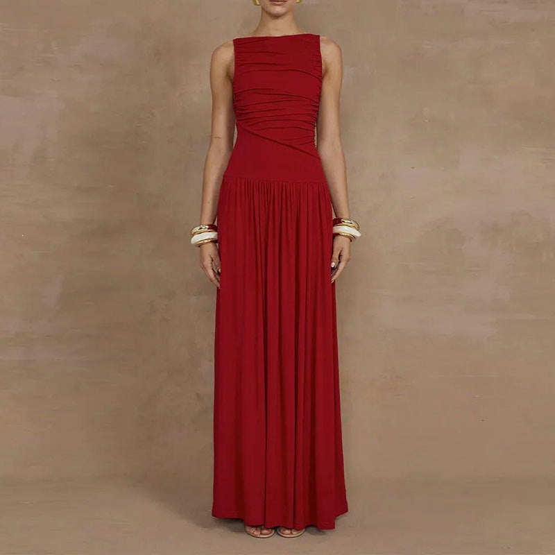 summer new women's fashion: european and american cross-border dress - elegant, slim-fit, solid color pleated maxi dress