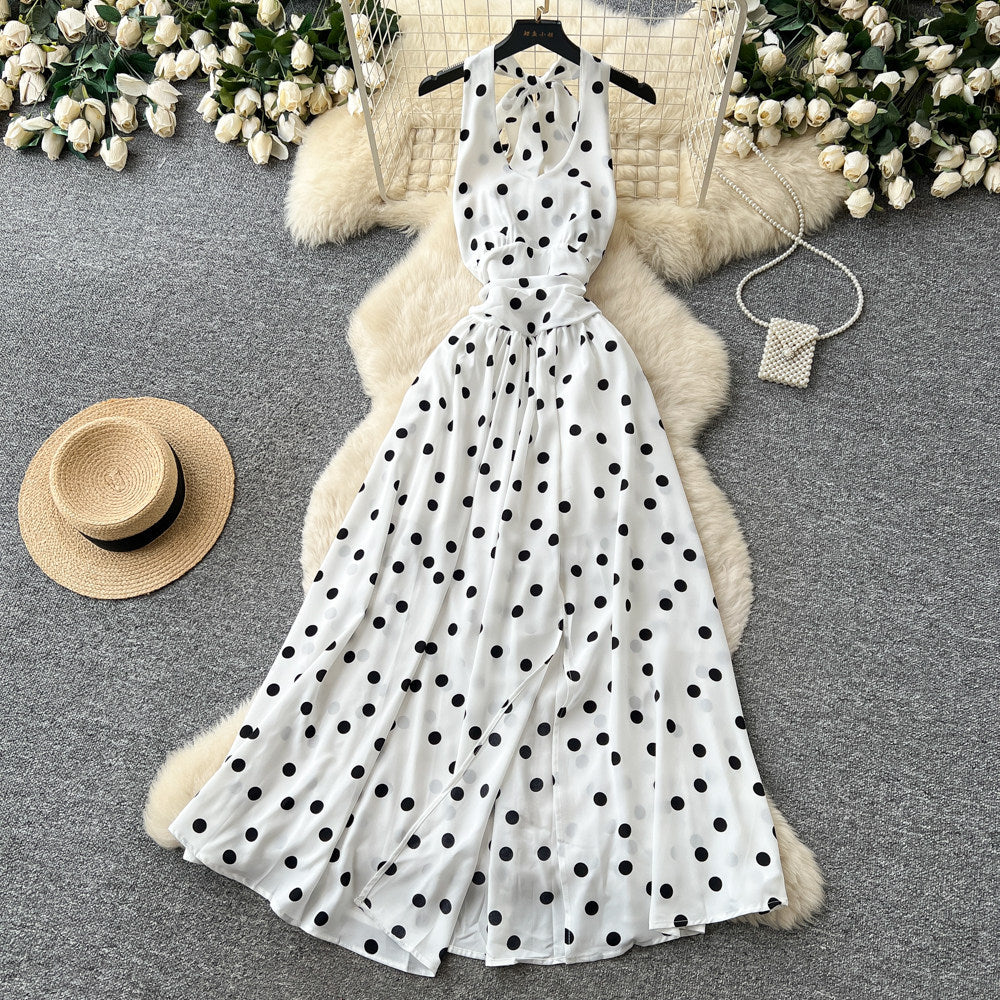 French halter sleeveless polka dot pure desire dress women's summer bowstie back backless waist slit large swing skirt