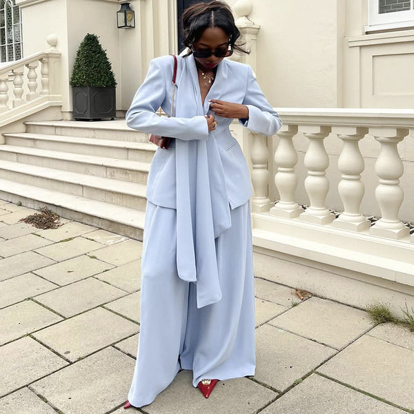 European and American  women's clothing 2025 autumn new fashion temperament waist thin solid color suit wide-leg pants set