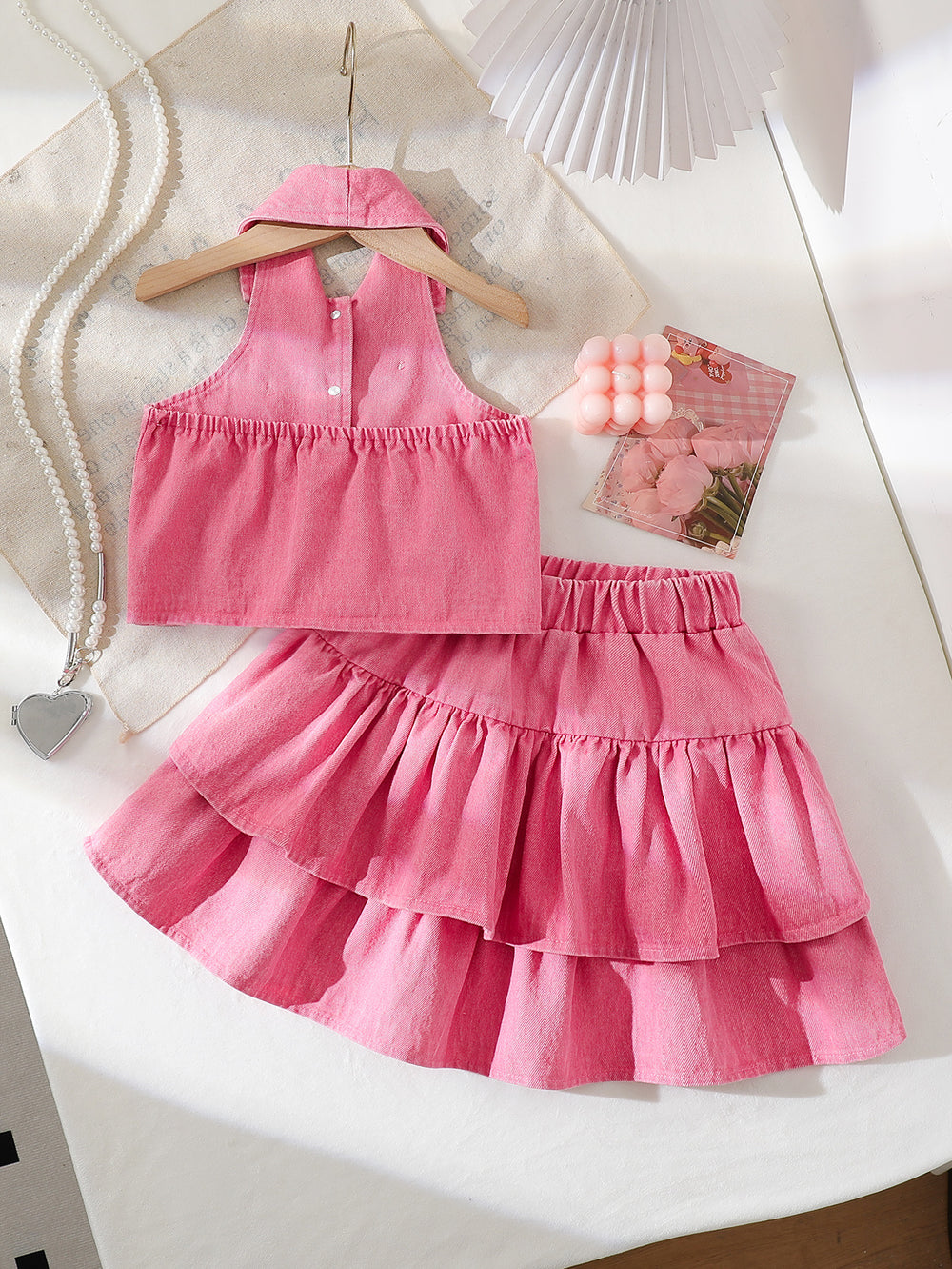 cross-border girls' fashion: european & american style halter collar denim vest + denim mini skirt bow set