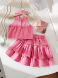 cross-border girls' fashion: european & american style halter collar denim vest + denim mini skirt bow set