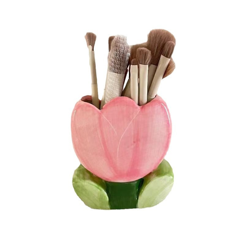 Tulip flower makeup brush holder office pen holder - trendy ins style bedroom decor desktop organizer