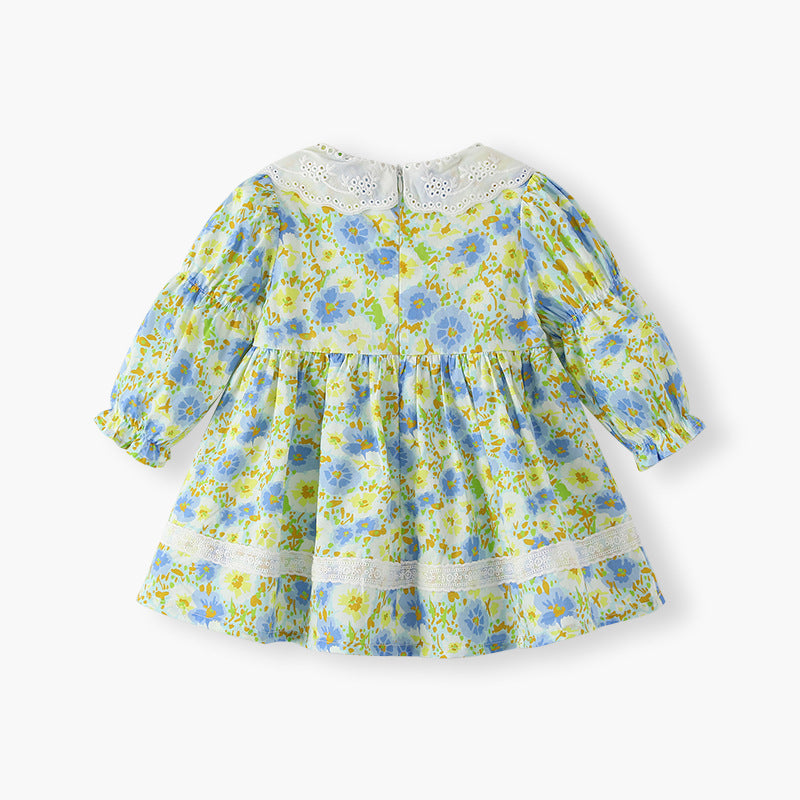 Girls' dress - new spring/autumn  collection - country style floral print, bow accent, lace collar princess dress