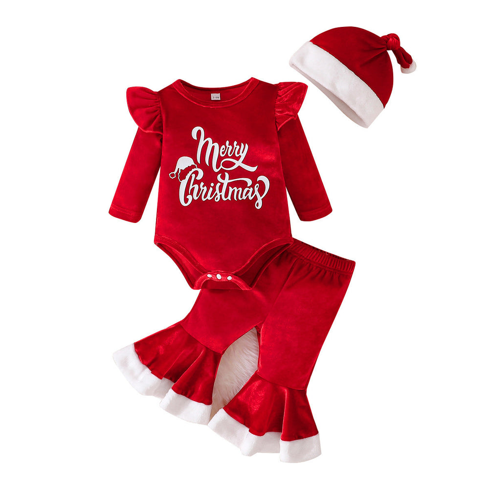 christmas girl's cute letter print long-sleeve romper + flare pants + hat three-piece christmas set