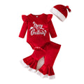christmas girl's cute letter print long-sleeve romper + flare pants + hat three-piece christmas set