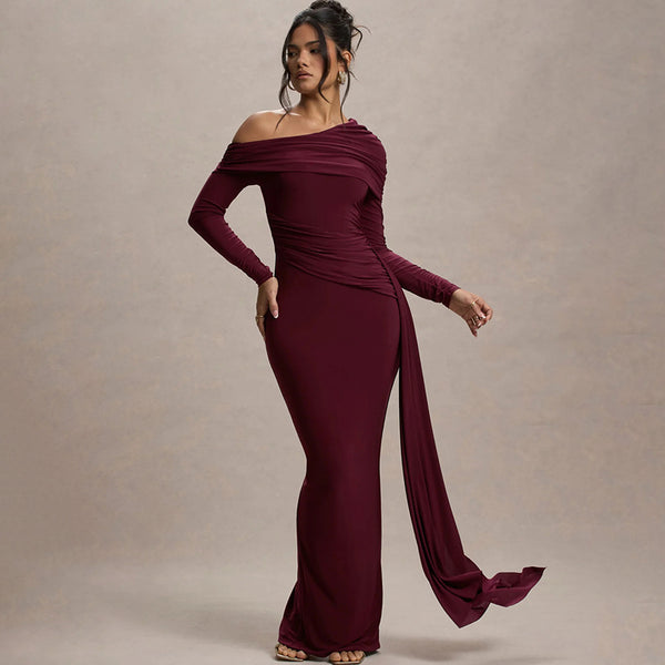 European and American style 2025 new hot-selling slanted shoulder streamer hip-wrapped long dress  fashion sexy pleated slim dress