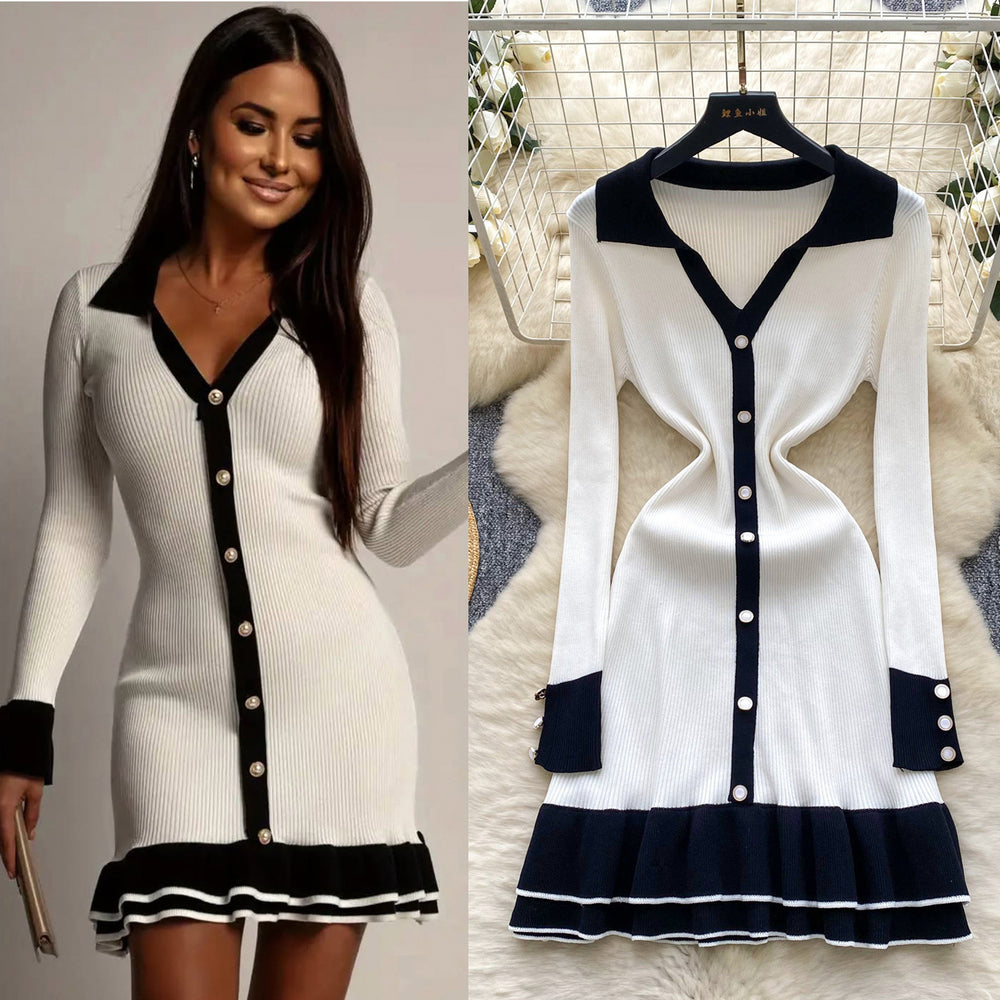 Frenchretrocontrast colorpolo collarlong sleeves single breasted silmdress women's waistelegantrufflessweater skirt