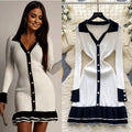 Frenchretrocontrast colorpolo collarlong sleeves single breasted silmdress women's waistelegantrufflessweater skirt