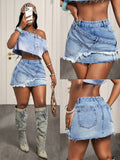 Fashionjeans women's deconstructed cross waist raw edge distressed light blue hot girl low waist a-line denim miniskirt
