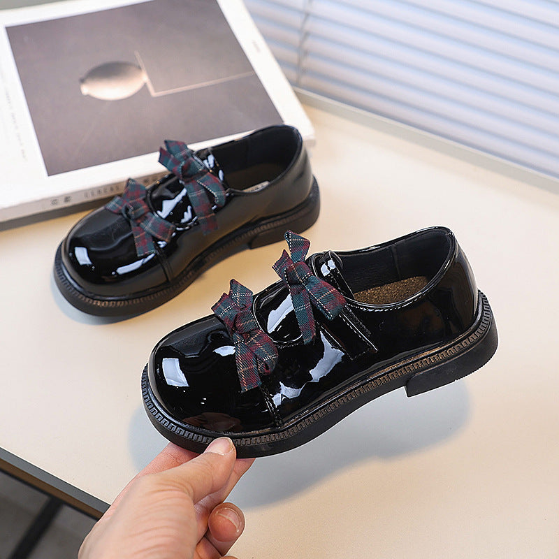 Vancahao children's british style leather shoes  spring and autumn new girls' bow princess shoes bright leather flats