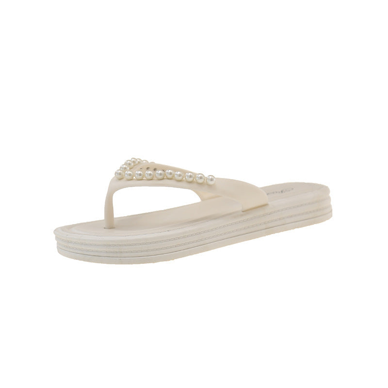 Sparkling rhinestone pearl flip-flops: 2025 fashionable new style, outdoor wear, summer anti-slip platform sandals, thick sole beach slippers