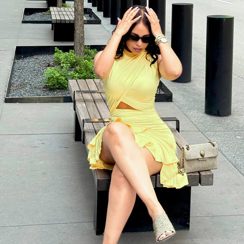 European and american style ins cross-border pure color fashion women's pleated waist a-line skirt round neck cut outruffles short dress