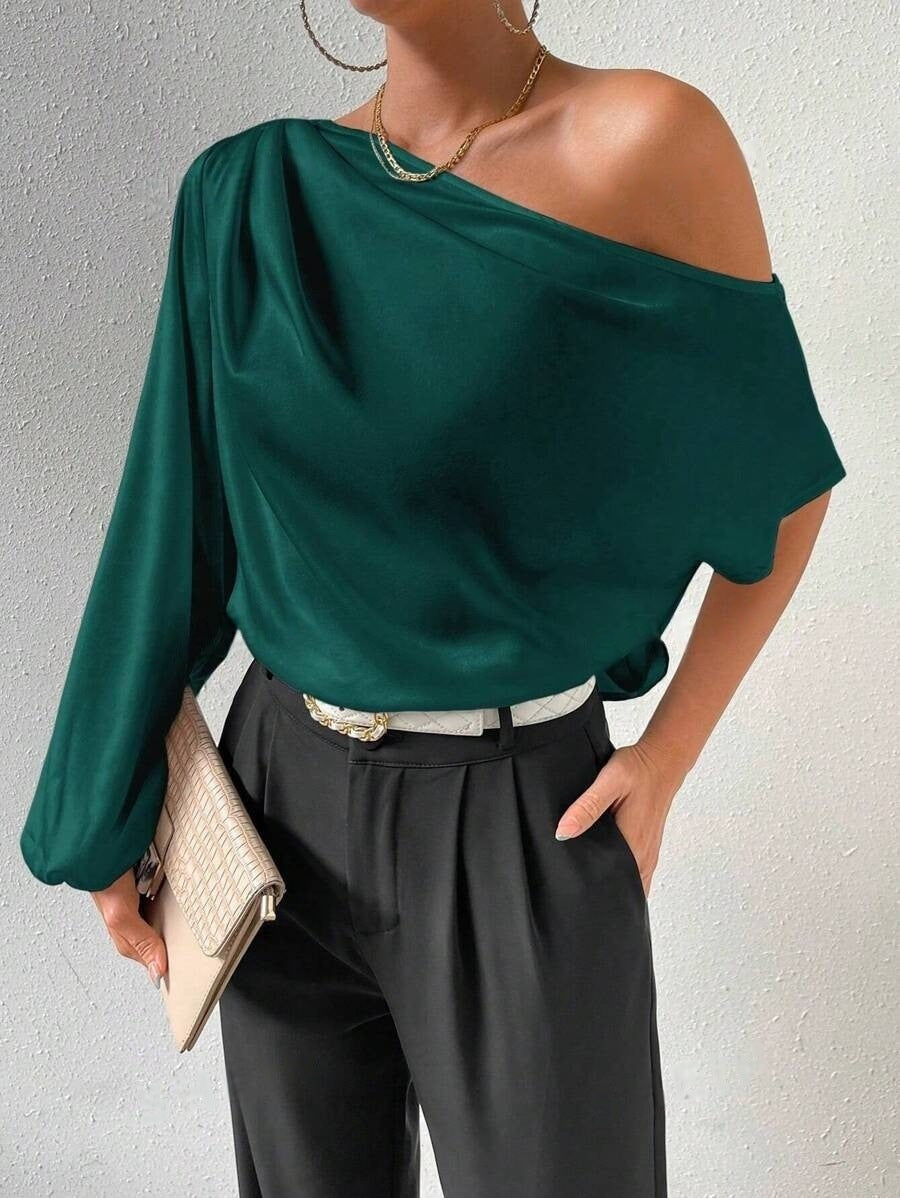 Export oblique shoulder t-shirt sexy off-shoulder loose off-shoulder elegant women's clothing  cross-border fashion oblique collar tops