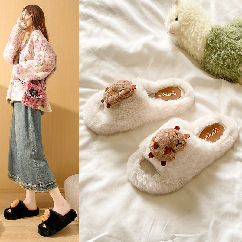 Korean style cartoon cute capybara fuzzy slippers women's autumn/winter new thick sole comfortable one-strap capybara cotton slippers