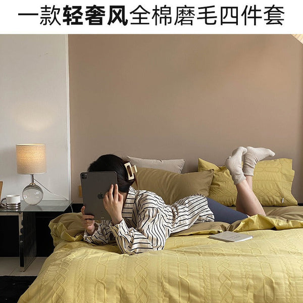 Light luxury style 100 nude sleeping soft warm spring autumn cotton polished four-piece set of yarn-dyed relief jacquard quilt cover high sense