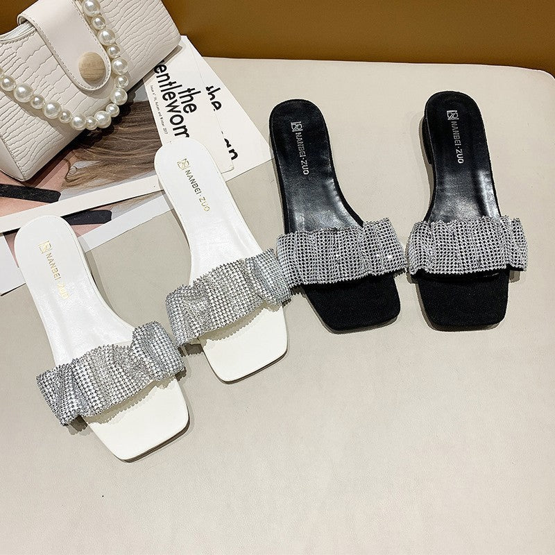 New 2024 flip-flops & sandals for women - open toe, chunky heel, adhesive style, mid-heel, fashionable summer sandals with rhinestone detail