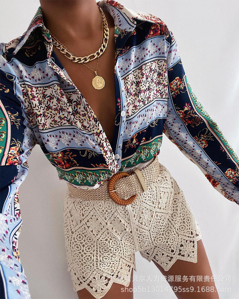 Spot  2022 European and American women's clothing color matching printed shirt shirt