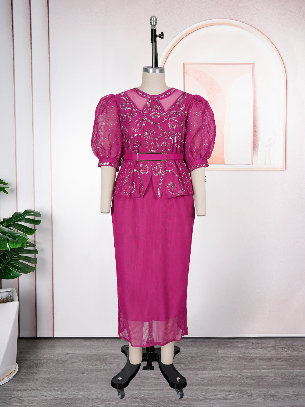 African cross-border hot seller: fashionable and chic rhinestone-embellished puff sleeve high-waisted bodycon dress - plus size women's ready-to-ship dress