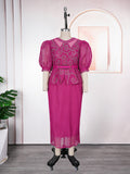 African cross-border hot seller: fashionable and chic rhinestone-embellished puff sleeve high-waisted bodycon dress - plus size women's ready-to-ship dress
