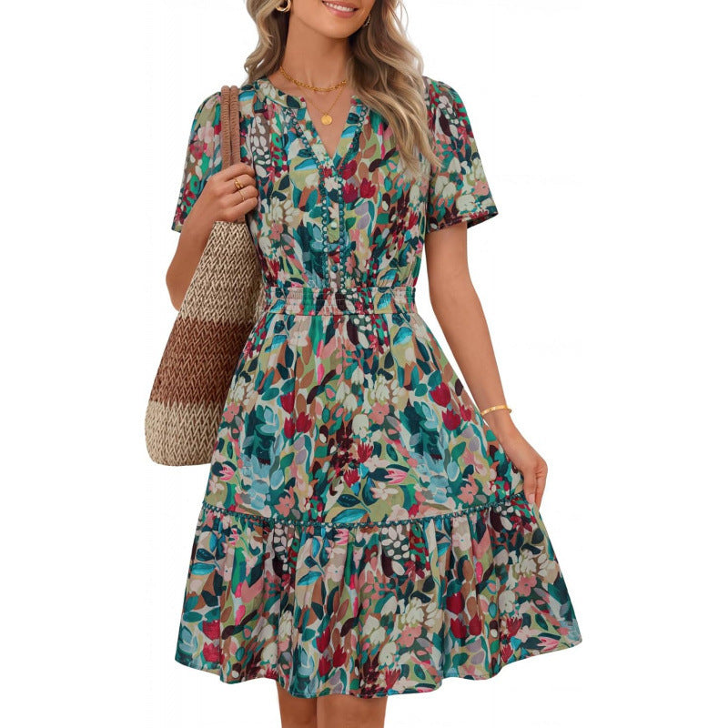 Amazon fashion short-sleeved a-line floral dress for women summernew arrivalbohemiav neck skirt