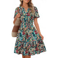 Amazon fashion short-sleeved a-line floral dress for women summernew arrivalbohemiav neck skirt