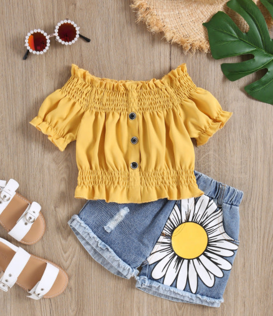 hot selling girl's one-piece collar high elastic cuff washed hole flower denim short girl's suit