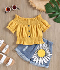 hot selling girl's one-piece collar high elastic cuff washed hole flower denim short girl's suit