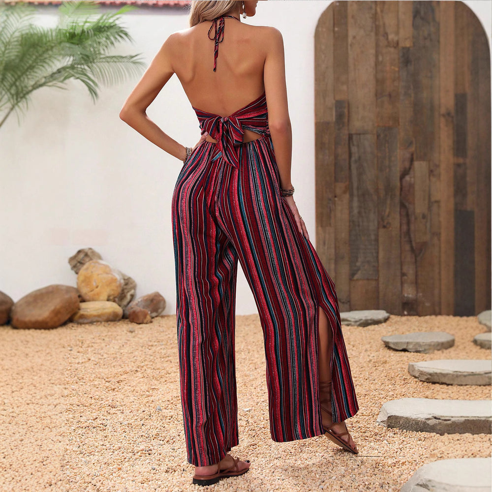 Amazon  european and american spring/summer striped print sexy flared jumpsuit