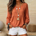 Export holiday style doll textured linen round neck cuff long sleeves pleated hem loose pullover shirt