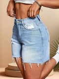 European and american retro washed denim shorts for women - high waist, distressed, raw hem, stretchy, summer versatile, slimming straight leg