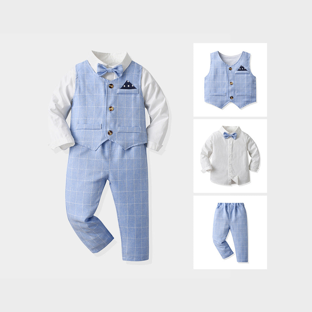 Wholesale branded children's clothing: spring/autumn boys' gentleman's suit, shirt, and vest three-piece set – stylish and fashionable for boys