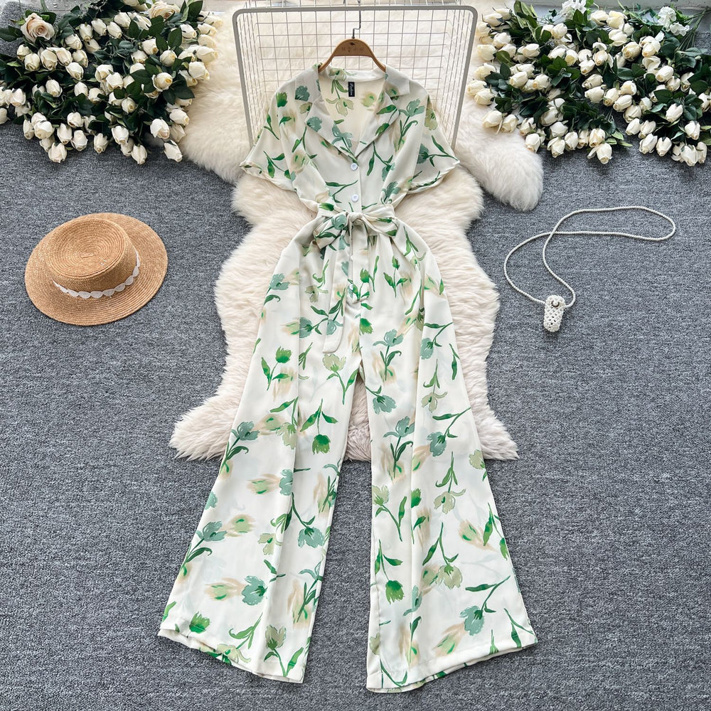 Summer outfit: women's vacation-ready fashion - collared short sleeve tie-waist casual printed wide-leg jumpsuit/pants