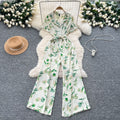 Summer outfit: women's vacation-ready fashion - collared short sleeve tie-waist casual printed wide-leg jumpsuit/pants