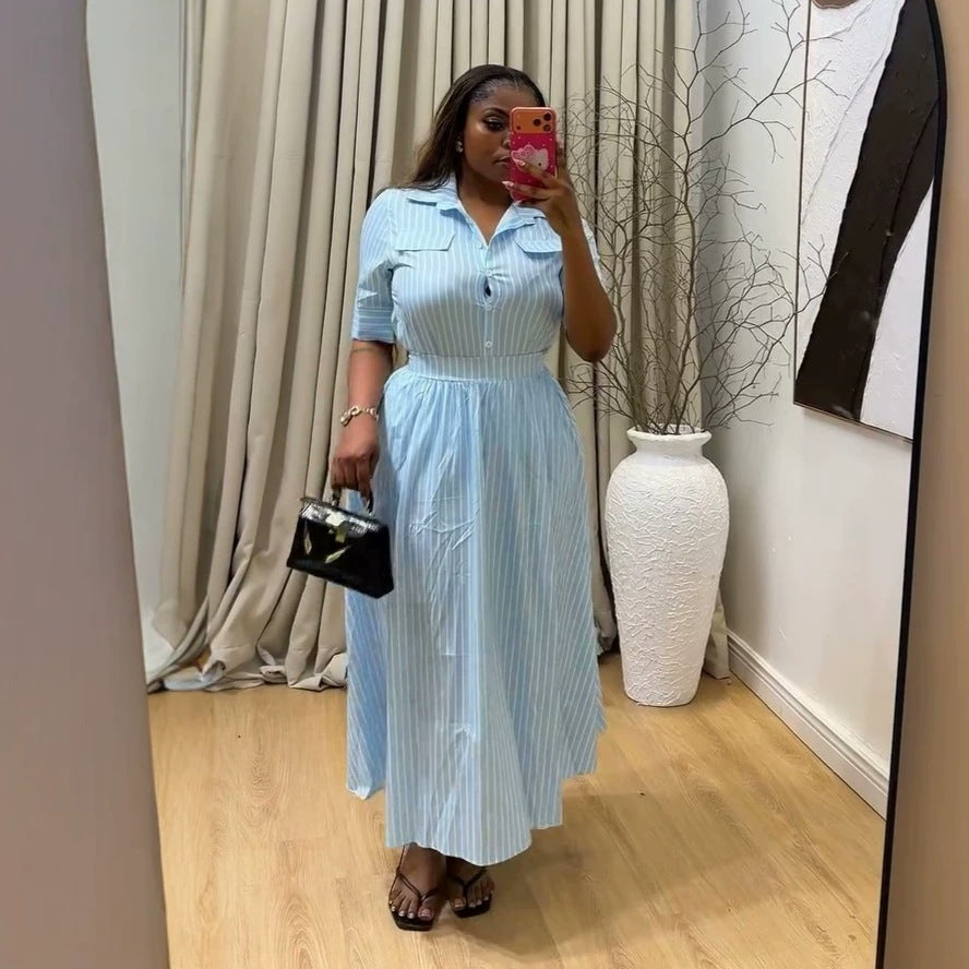 European and american cross-border women's fashion:  summer new collection - stylish turn-down collar striped short-sleeve shirt and high-waisted midi skirt set