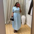 European and american cross-border women's fashion:  summer new collection - stylish turn-down collar striped short-sleeve shirt and high-waisted midi skirt set