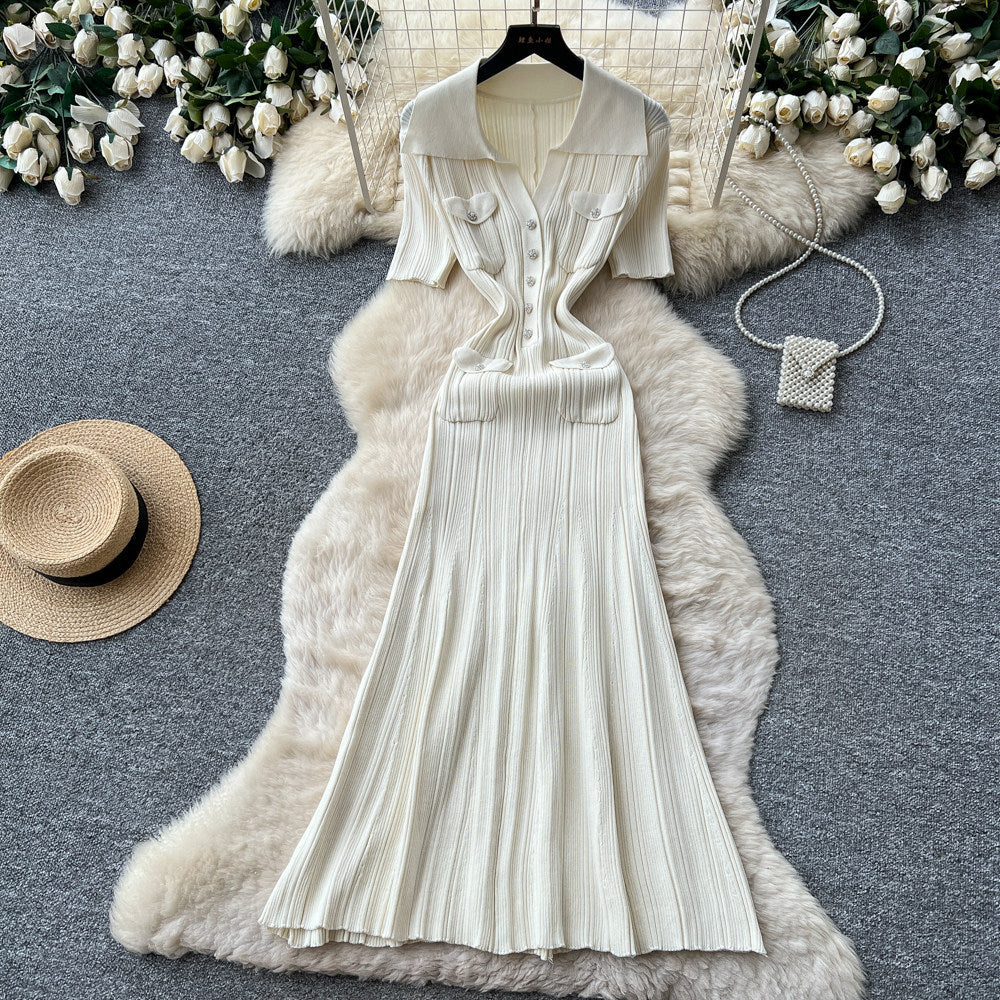 K-style pure desire lapel knitting short-sleeved dress women's summer silm single-breasted waist slimming lookelegant long skirt