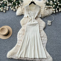 K-style pure desire lapel knitting short-sleeved dress women's summer silm single-breasted waist slimming lookelegant long skirt