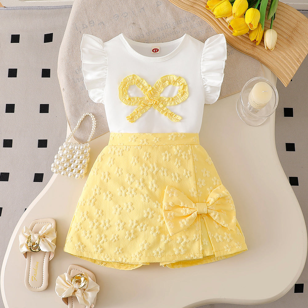 spring/summer new arrival: cross-border girls' flutter sleeve knit top + irregular jacquard skirt-pants two-piece set