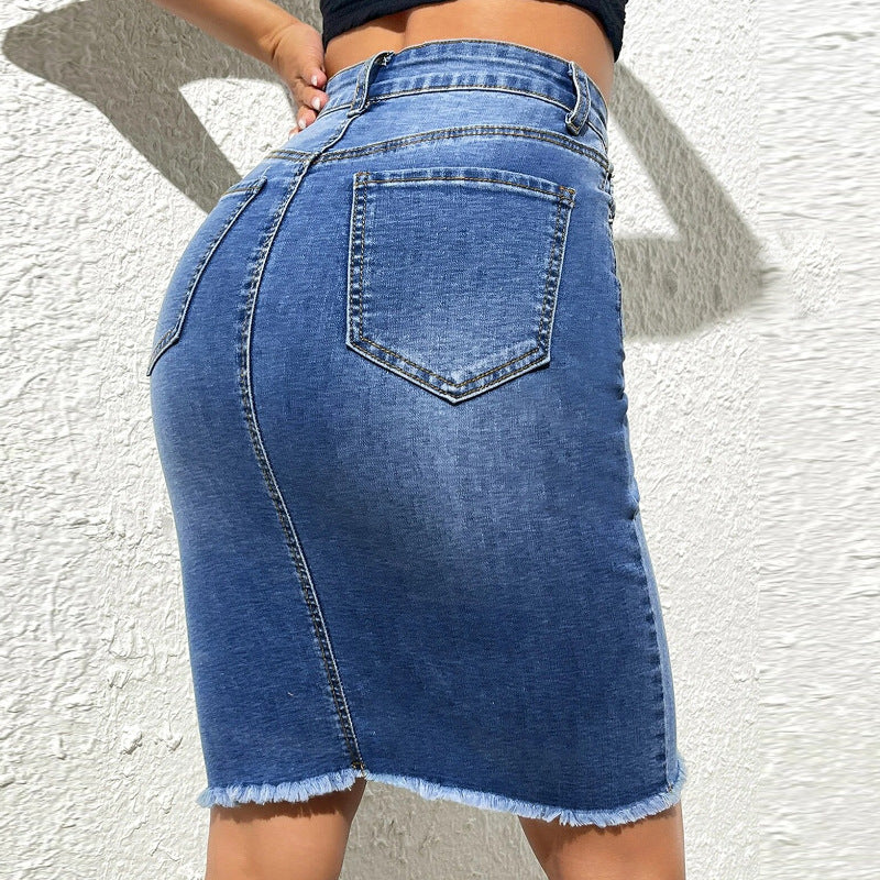 Export elastic skirt women's new arrival blue hip-covering raw edge denim skirt stylish street washed skirt